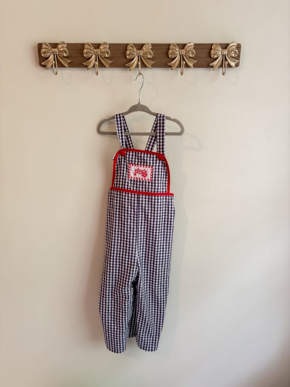 Shrimp and Grits 3T Boys Tractor Gingham Overalls with Red Trim